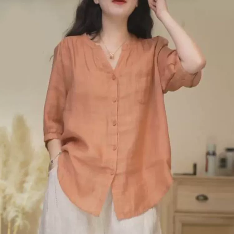 Летняя однотонная рубашка, plus size, оверсайз, V-образный вырез, западный стиль