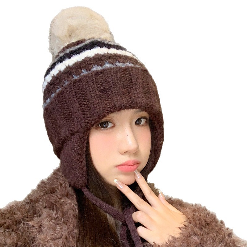 New Retro Fair Isle Style Warm Thickened Fleece-Lined Winter Knitted Hat, Cold-Proof Ear Protection, Tie-Up Wool Hat_voghion.com