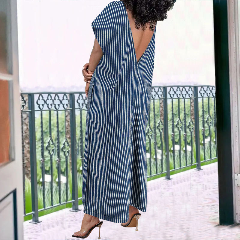 Plus Size Women's Clothing Denim Long Dress Sleeveless Round Neck Striped Pattern_ecoleips.com