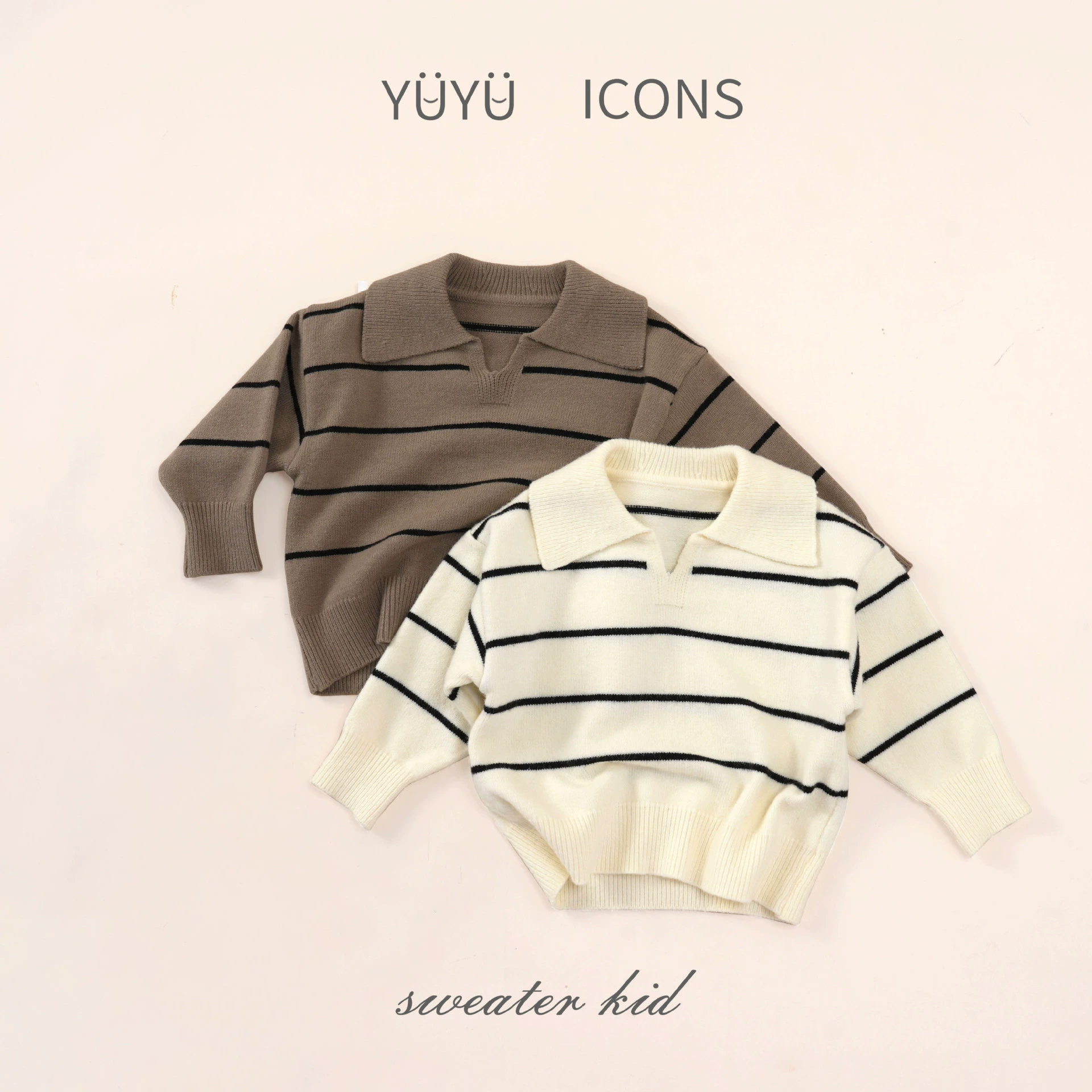 Children's knitted sweater, polo collar, Korean-western demi-season style, beige/chestnut, sizes 80–140 cm