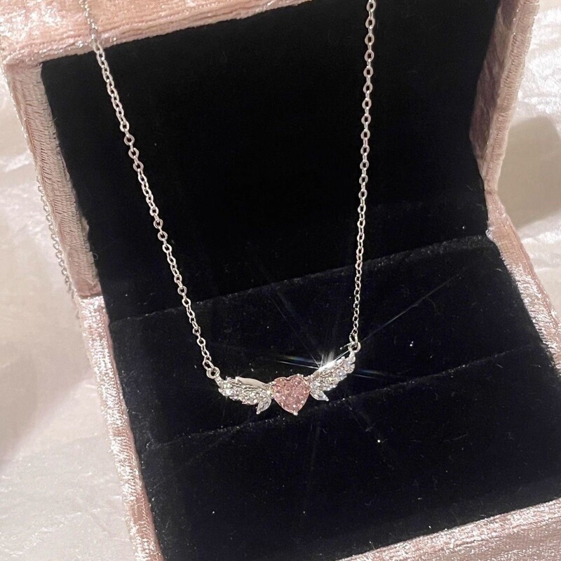 Angel Wings Pink Diamond Heart Necklace for Women, Ins-Style Niche Light Luxury Sweet and Gentle Temperament Clavicle Chain Angel Wings Pink Diamond Heart Necklace for Women, Ins-Style Niche Light Luxury Sweet and Gentle Temperament Clavicle Chain