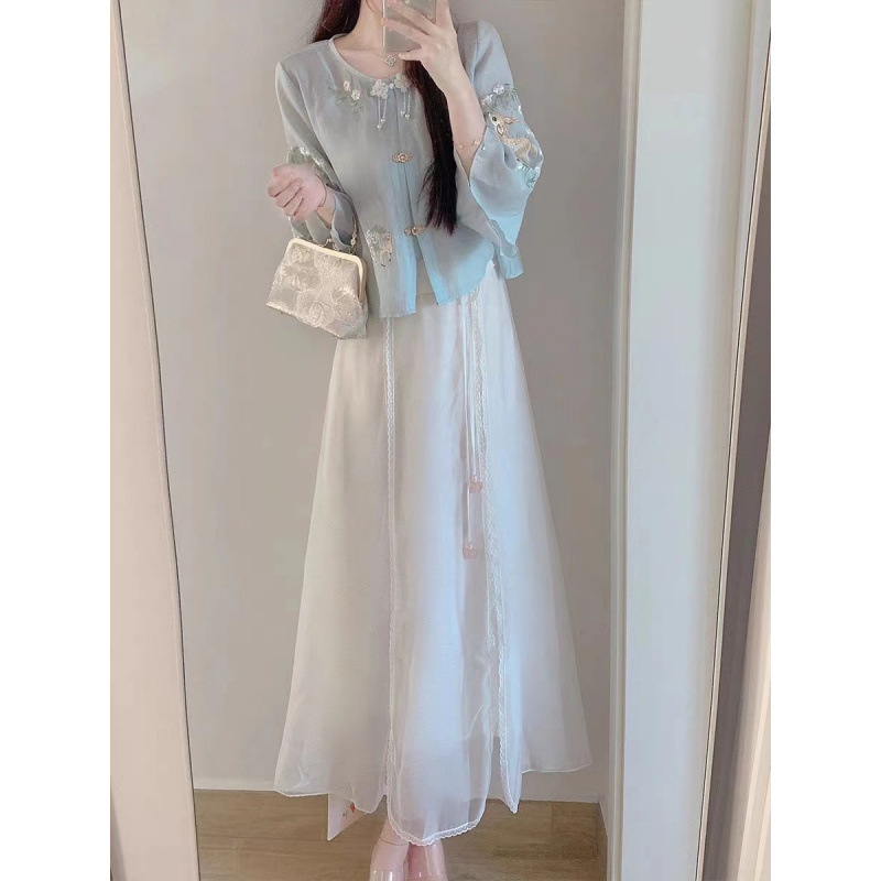 芳華新中国式日常刺繍国風時代劇漢服女性茶芸服唐装小背盤ボタンセット夏|undefined