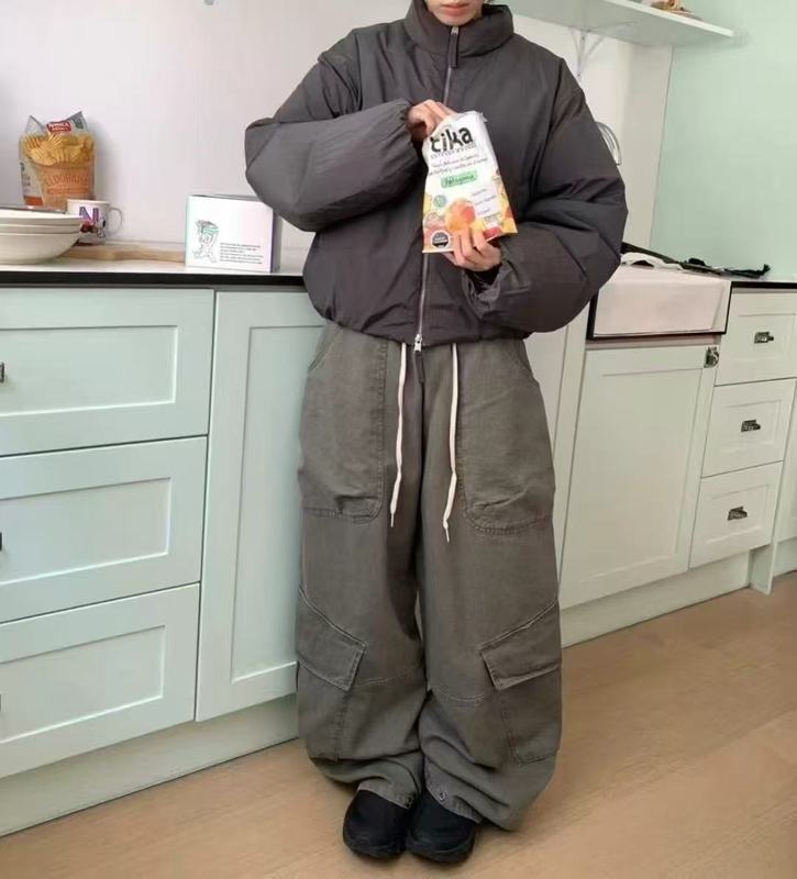 梵思羽秋冬新款美式街头黑色褶皱抽绳设计感直筒工装阔腿牛仔裤女|undefined