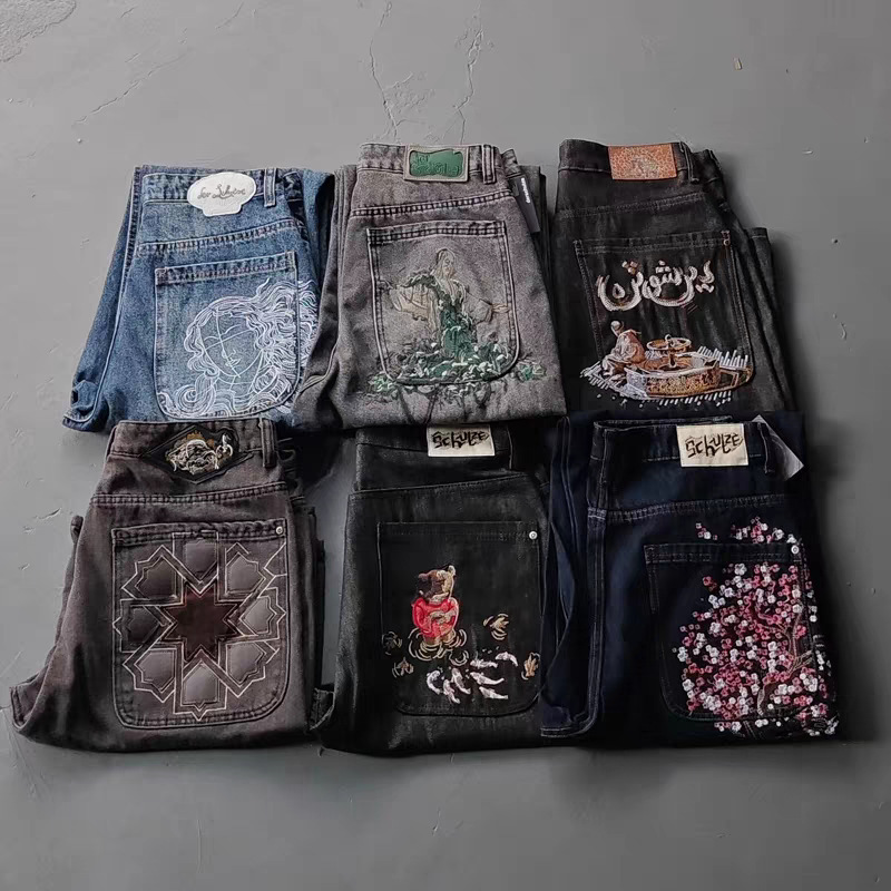 Derschutze Chrome Cool Style American Heavy-Duty Embroidered Statue Straight-Leg Jeans Men's Trendy Pants Derschutze Chrome Cool Style American Heavy-Duty Embroidered Statue Straight-Leg Jeans Men's Trendy Pants