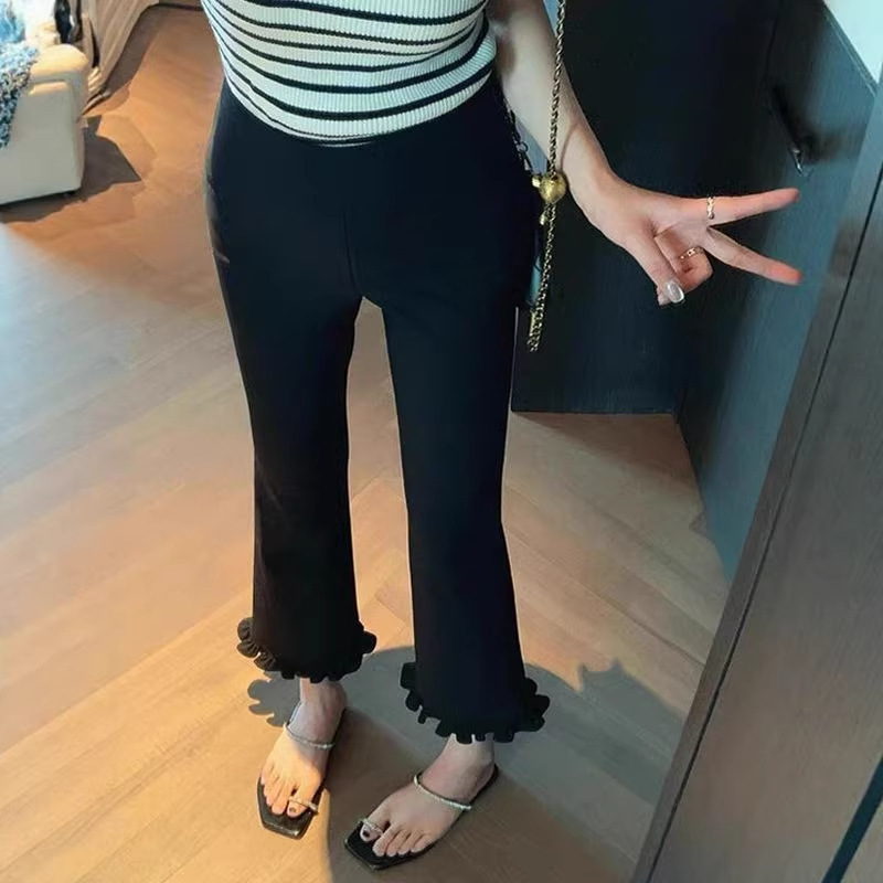 High-Waisted Flared Pants Versatile Black Pants for Women Summer Slimming Lace Hem Tight-Fitting Stretchy Petite Cropped Pants Trendy High-Waisted Flared Pants Versatile Black Pants for Women Summer Slimming Lace Hem Tight-Fitting Stretchy Petite Cropped Pants Trendy