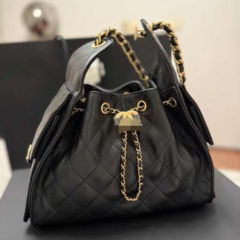 25Bag Caviar Genuine Leather Hobo Drawstring 25C Bucket Bag Quilted Chain Shoulder Armpit Bag Hippie Bag for Women
