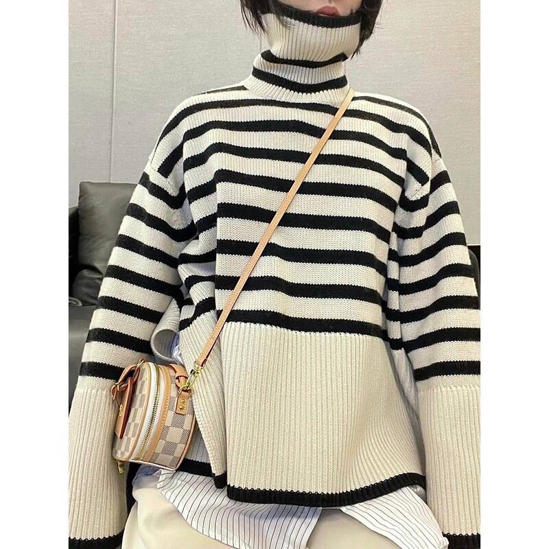 Gao Pin! toteme High Collar Striped Cotton Blend Sweater Women's 2022 Autumn and Winter Pullover Loose Outer Wear Lazy Knit