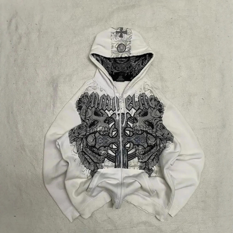 Spring and Autumn Hip-Hop Retro Printed Cross American Zipper Men's Hoodie Sweatshirt Jacket Gothic Youth Style Spring and Autumn Hip-Hop Retro Printed Cross American Zipper Men's Hoodie Sweatshirt Jacket Gothic Youth Style