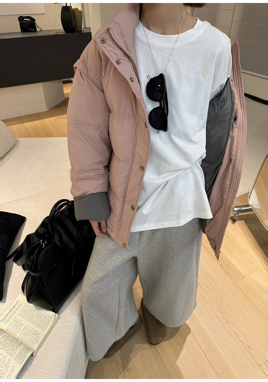 黎诺韩系休闲拼色白鸭绒羽绒服女2024冬季新款立领宽松面包服外套详情17