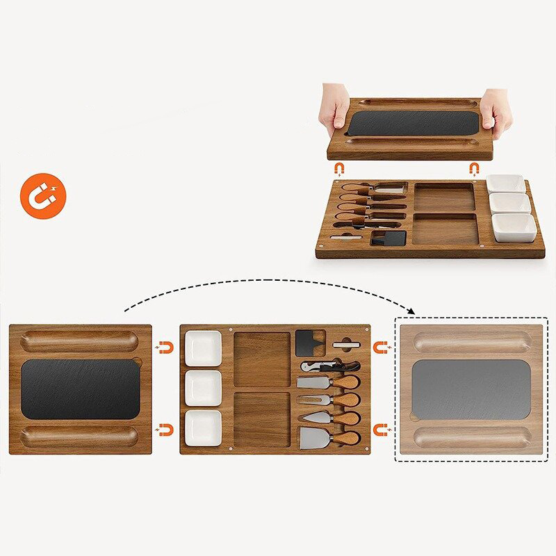 Paleta de madera transfronteriza Plato de comedor rectangular con conjunto de cuchillos Plato de madera de pizarra de cerámica de doble capa de almacenamiento conjunto de tablero de queso