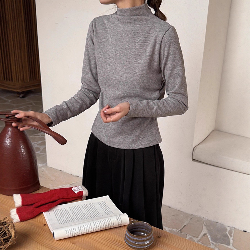 Yizixin Pleated Half Turtleneck Bottoming Shirt for Women in Autumn and Winter Warm Long-Sleeved T-Shirt Slimming Look Pure Color Versatile