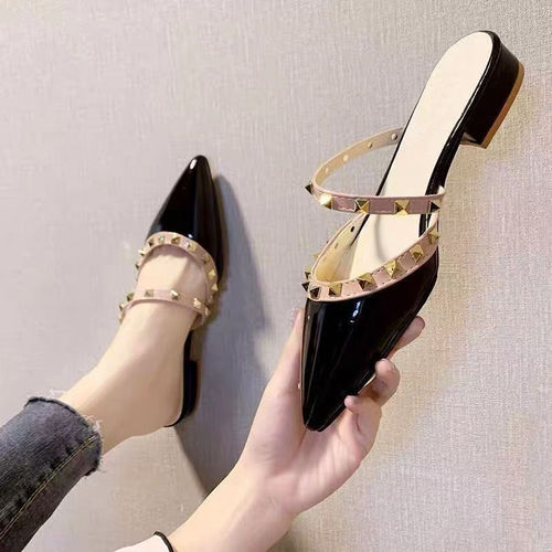 Women's White Mesh Net Slip-On Sandals with Rivets, Pointed Toe, Flat Thick Heel, One-Piece Summer Slides, New Arrival