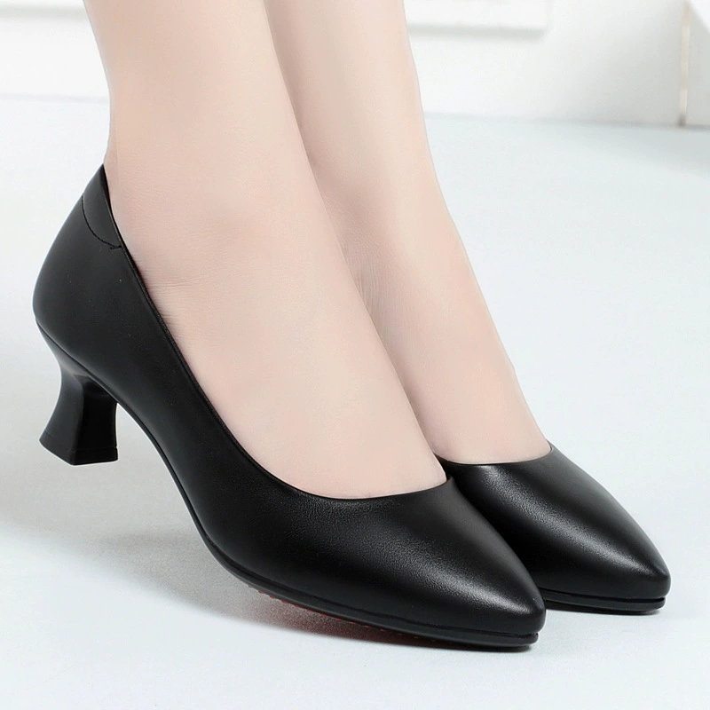 Весной и осенью стюардесса, Длинная кожаная Рабочая обувь с мягким дном, женская черная рабочая обувь на среднем каблуке, толстый каблук, удобная кожаная обувь, рабочая профессиональная обувь