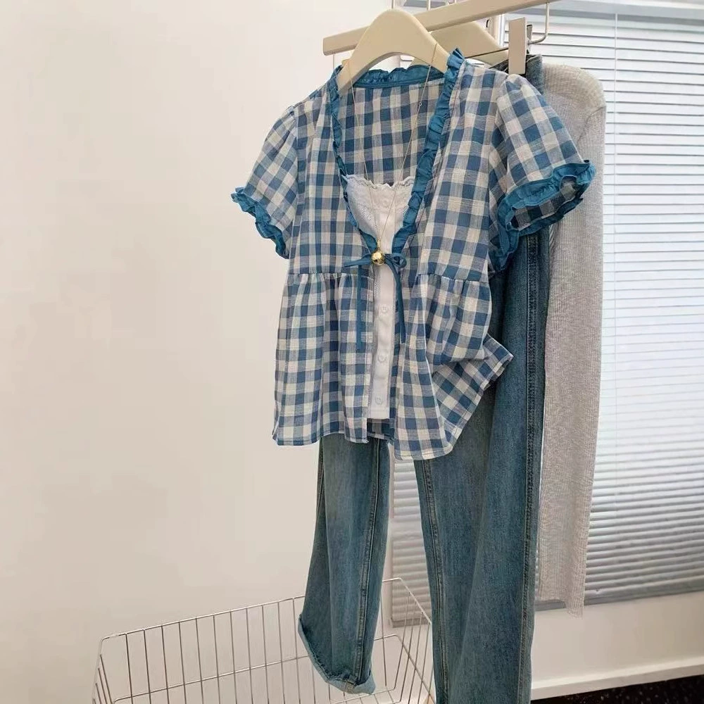 Женская рубашка из двух частей с рюшами и V-образным вырезом и короткими рукавами, короткий топ во французском стиле, новая блузка в стиле ins.