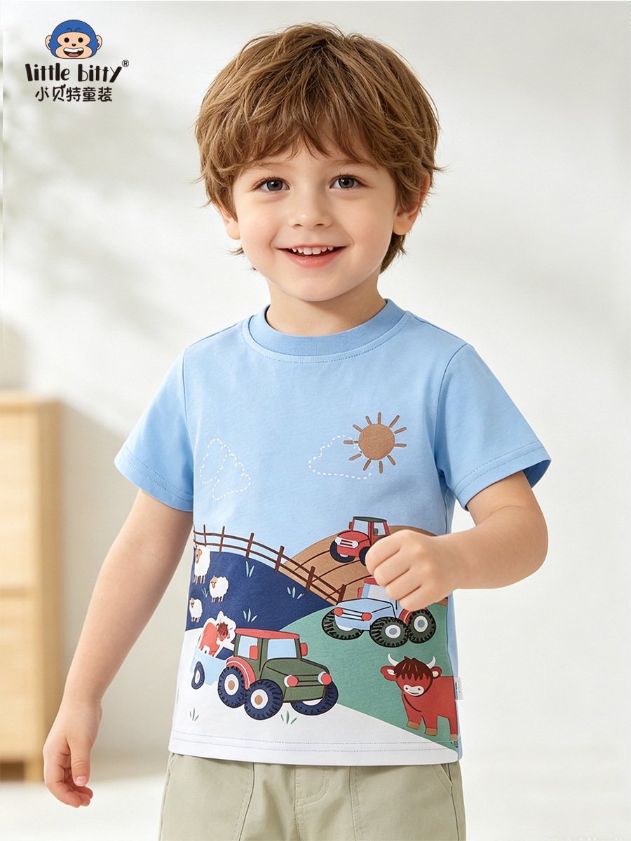 Cross-border children's clothing 2026 spring-summer children's short-sleeve T-shirt with cartoon animal, grassland, and car prints for toddlers and young children