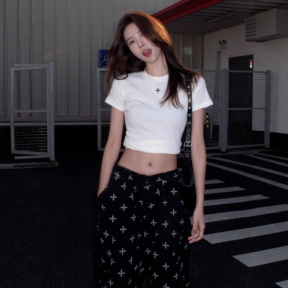 Sk Cross Badge Waist Embroidered Sports Round Neck Short-Sleeved T-Shirt Cotton Top Bottoming 25 New Women's Summer