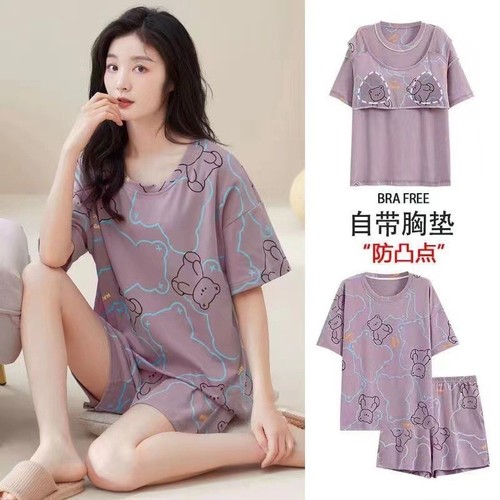 Summer short-sleeved pajamas with breast pads, women's two-piece pajamas, round neck pullover, printed home clothes, can be worn outside and shipped on behalf of others