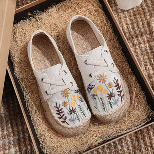 2025 New Folk Style Women's Shoes Dandelion Embroidered Flax Shoes with Beef Sole Hand-stitched Lace-up Cloth Shoes for Women