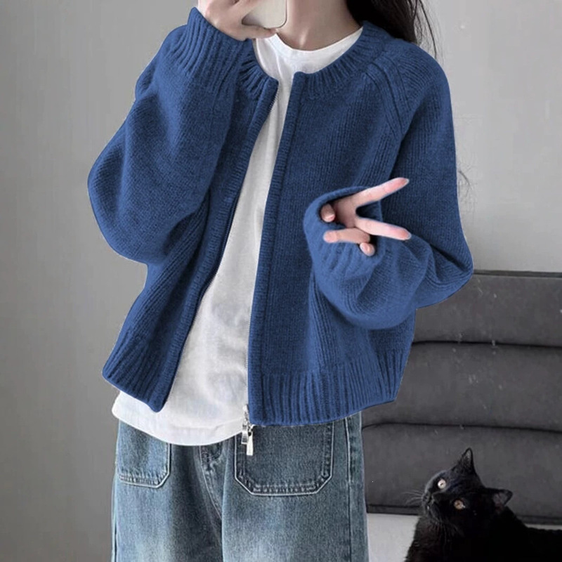 Blue sweater coat for women, knitted cardigan, student-style, trendy autumn/winter outerwear, zip-up top, commuter sweatshirt, thickened