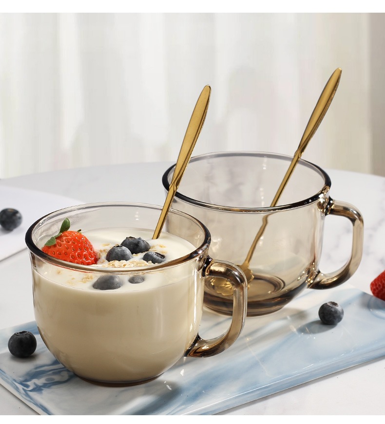 Tea-colored Oatmeal Breakfast Glass Cup Water Cup for Women Household Large Capacity Cereal Milk Cup Coffee Cup with Lid and Spoon