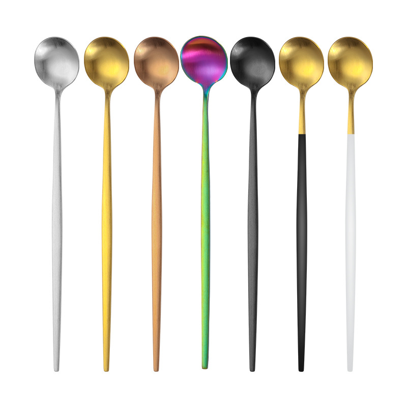 Cuchara de mezcla de café de acero inoxidable de alto aspecto de mango largo cuchara creativa bar cóctel agitación cuchara de hielo impreso LOGO