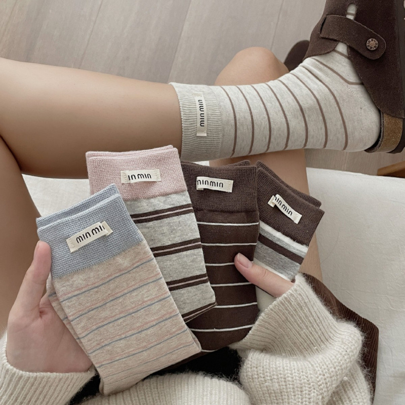Trendy Fabric Label Socks, Seamless Mid-Calf Socks, Thin Striped Color-Blocking Stacked Socks, Retro Striped Women's Socks