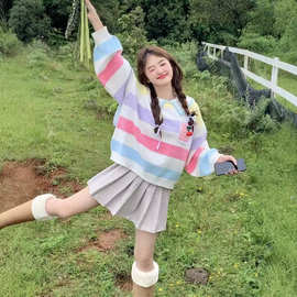 秋冬新款甜美减龄娃娃领撞色条纹针织衫女显瘦慵懒温柔风软糯毛衣