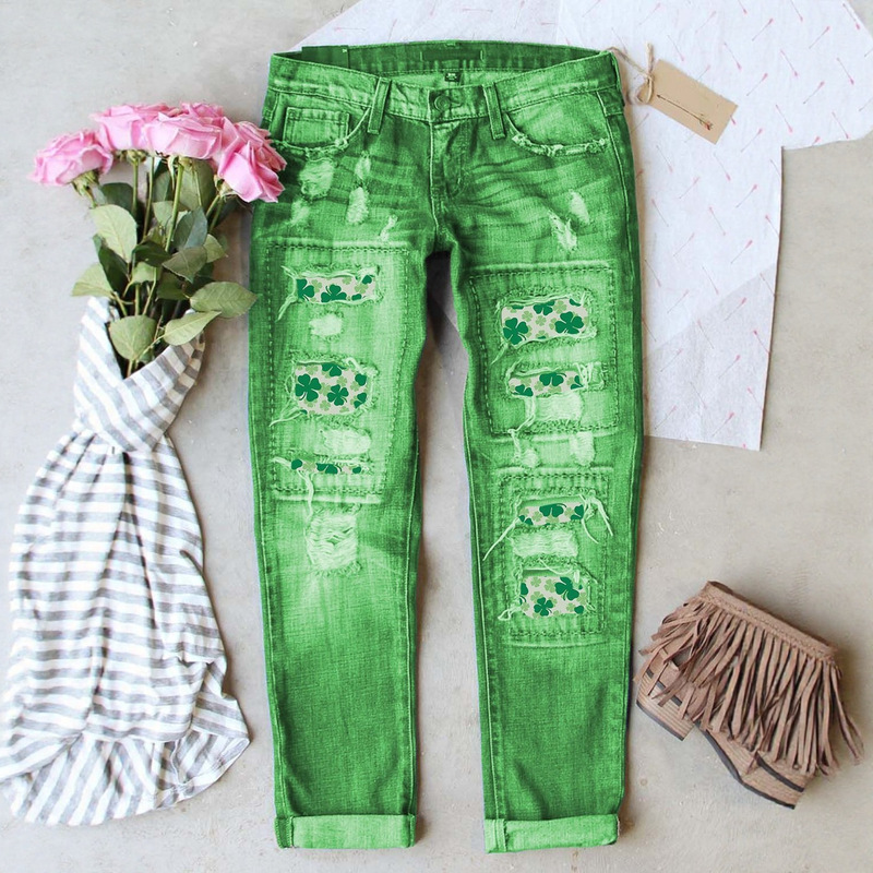 European and American Cross-Border New Washed Printed Jeans for Women St. Patrick's Day Clover Printed Stretch Slim Pants
