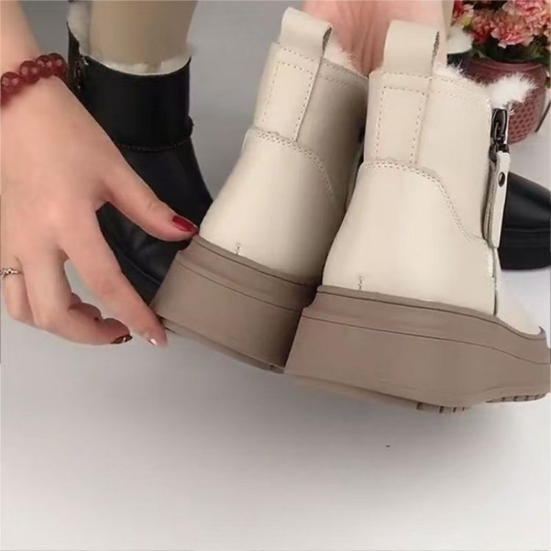 ShoeGlobe Thick-Soled Leather Waterproof Snow Boots For Women, Fleece-Lined, Thickened, Non-Slip, Warm, Height-Increasing Cotton_voghion.com