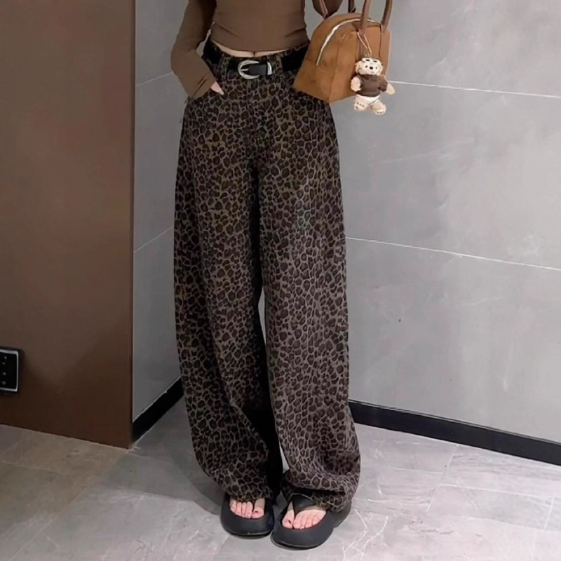 美式设计感豹纹牛仔裤女新款高腰垂感显瘦阔腿裤大码直筒拖地长裤|undefined