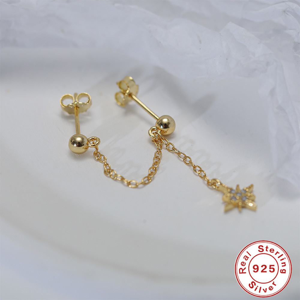 S925 plata de ley nueva mezcla y combinación de cadena colgante de doble desgaste pendientes pendientes personalizados estilo INS pendientes colgantes de estrella de ocho puntas