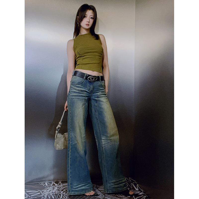 Designer Women's Low Waist Y2K Vintage Well-worn Color Wash Craft Wide Leg Jeans