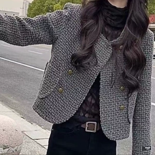 灰色小香风短款西服外套女2026秋冬款潮外穿粗花呢名媛上衣黑色薄