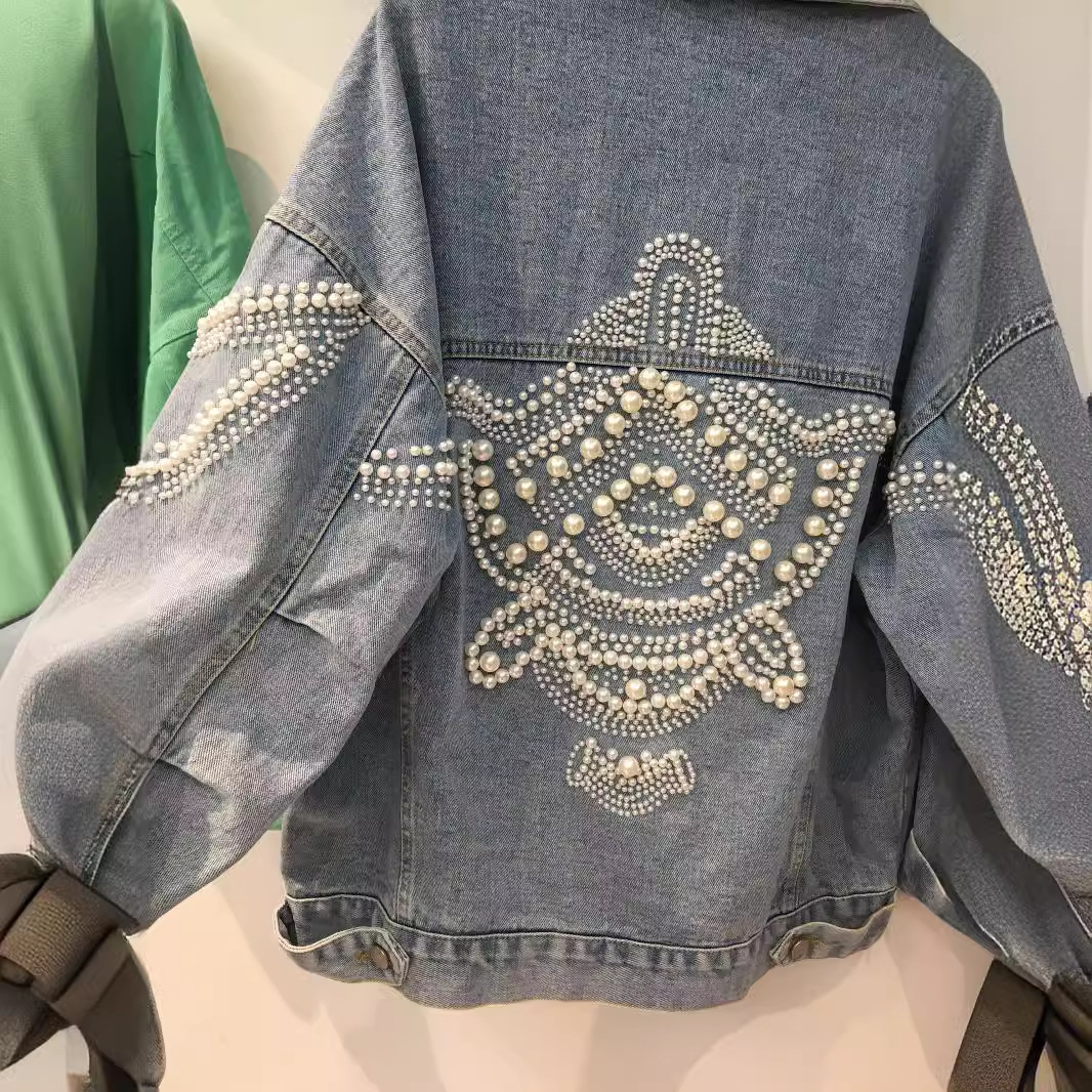 Women's Clothing autumn new beaded denim jacket loose pearl embroidery short top jacket female trend_voghion.com