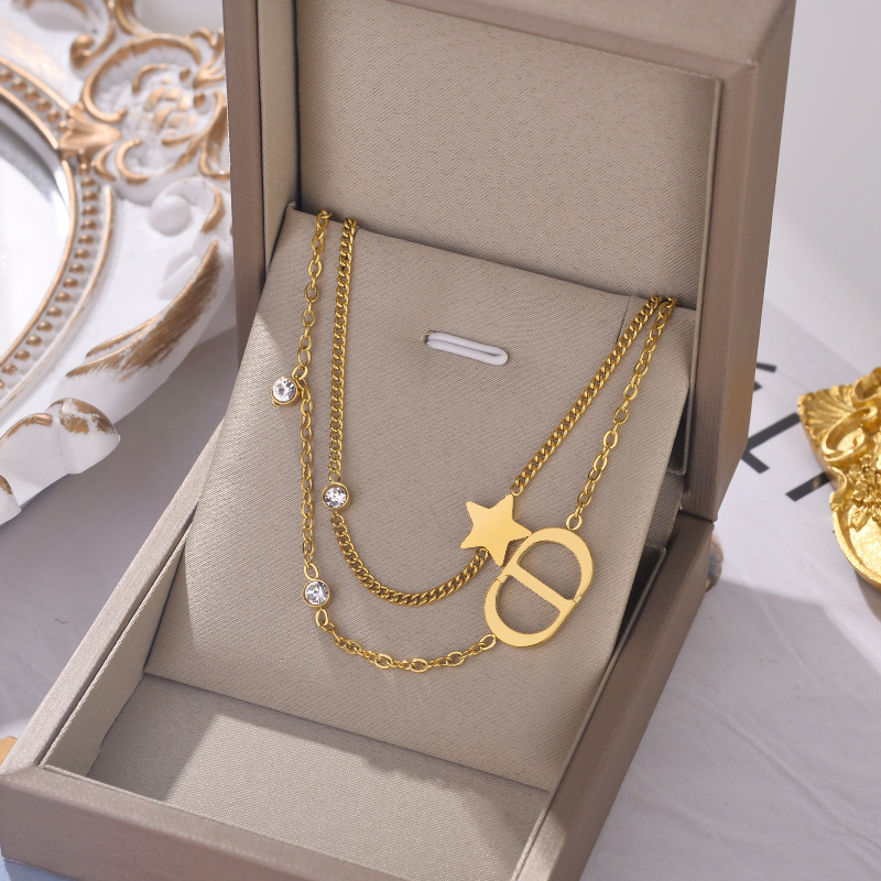 Fashion Geometric Titanium Steel Plating Artificial Diamond Layered Necklaces