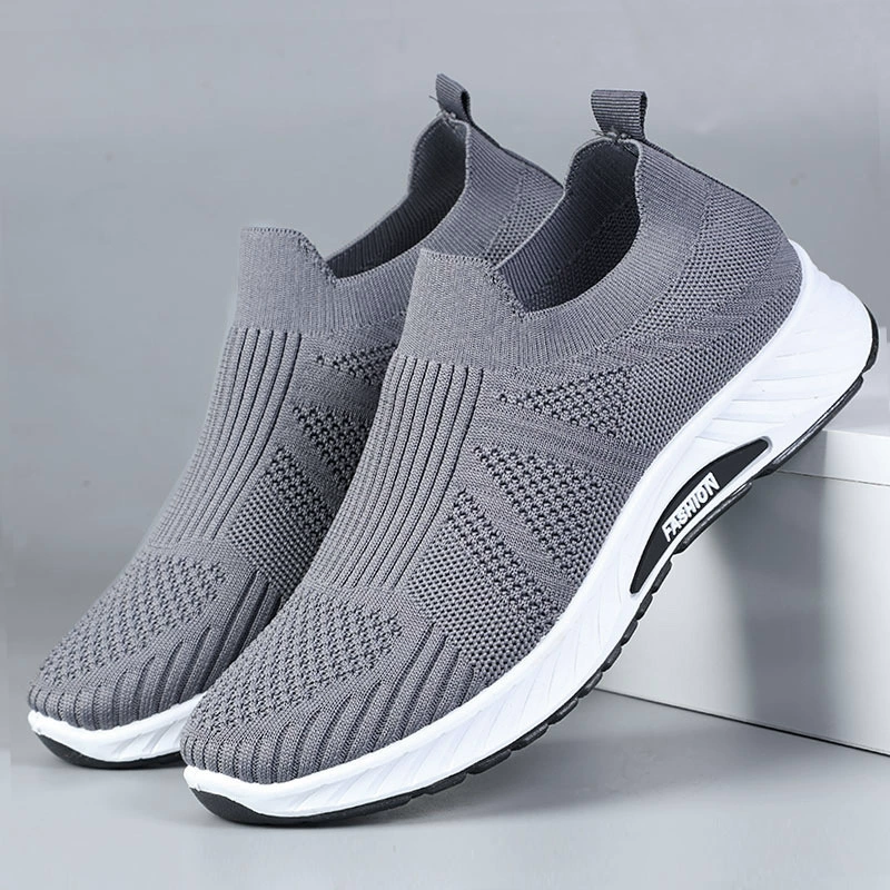 Мужские кроссовки из сетчатого материала Fly-knit, обувь для мужчин среднего и старшего возраста, слипоны, удобные, дышащие, на толстой подошве, повседневные, легкие.