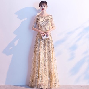 金色晚礼服女高级感气质高端年会主持人连衣裙合唱演出服亮片长款-阿里巴巴
