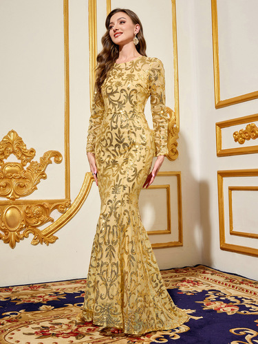 Spring and autumn sequined dress, purple round neck, temperament long evening dress, long-sleeved dress