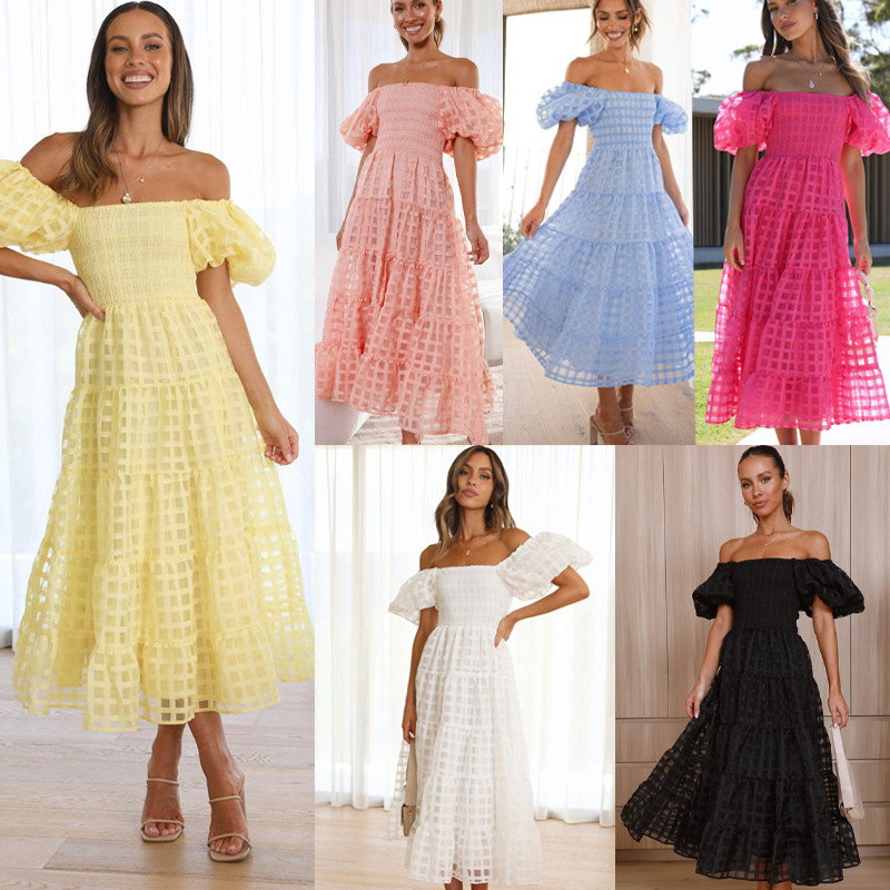 In-Stock 2025 New Cross-Border European and American Independent Station Amazon Off-Shoulder Lantern Sleeve Layered Patchwork Dress