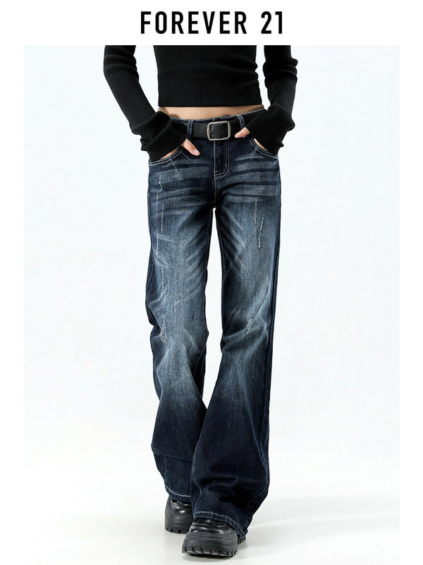 Forever 21 American Retro Blue-Gray Straight-Leg Fleece-Lined Flared Jeans for Women, Low-Waist Slim-Fit Bootcut Pants