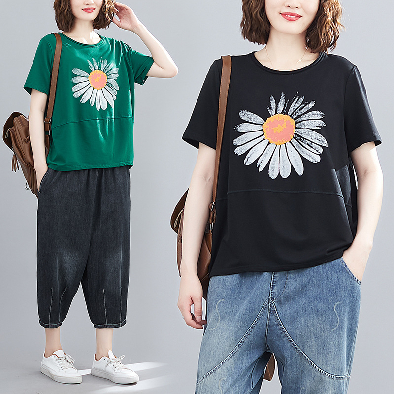 夏季韩版大码宽松短袖T恤女胖mm宽松显瘦雏菊印花休闲圆领上衣