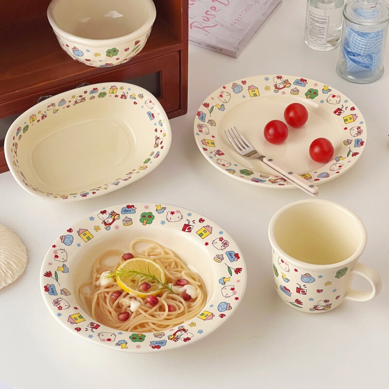 Ins Cute Cat and Dog Ceramic Plate Breakfast Pasta Plate Girly Heart Cartoon Plate Salad Plate Home Deep Plate
