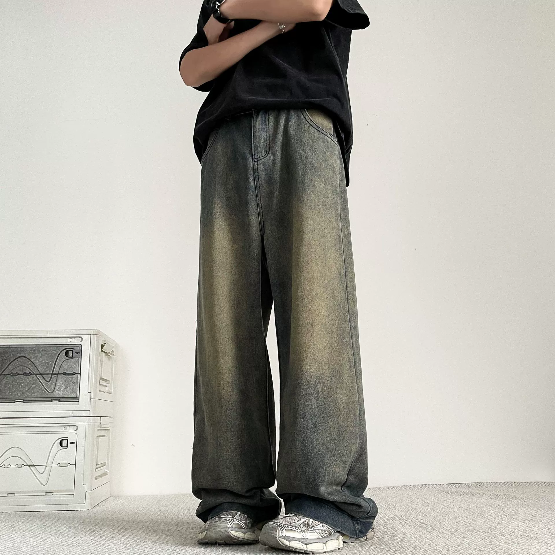 Боковые складки старые джинсы для мальчиков летом прилив бренд ретро vibe High Street прямые свободные тонкие брюки