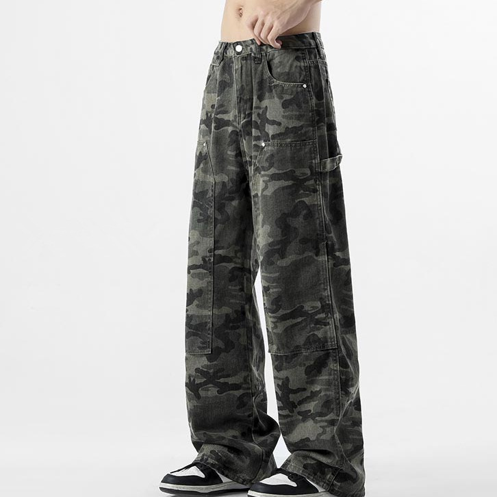 Estilo americano pesado camuflaje jeans hombres primavera y otoño retro hiphop recto mono ejército verde ancho-pierna mopping pantalones moda