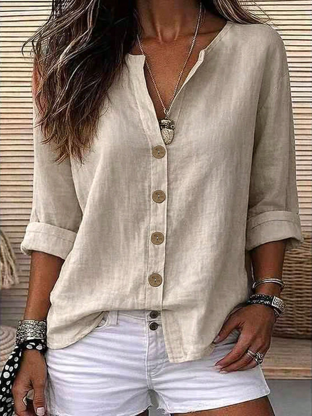 Camisa Holgada con Cuello en V y Mangas Enrollables de Poliéster para Otoño