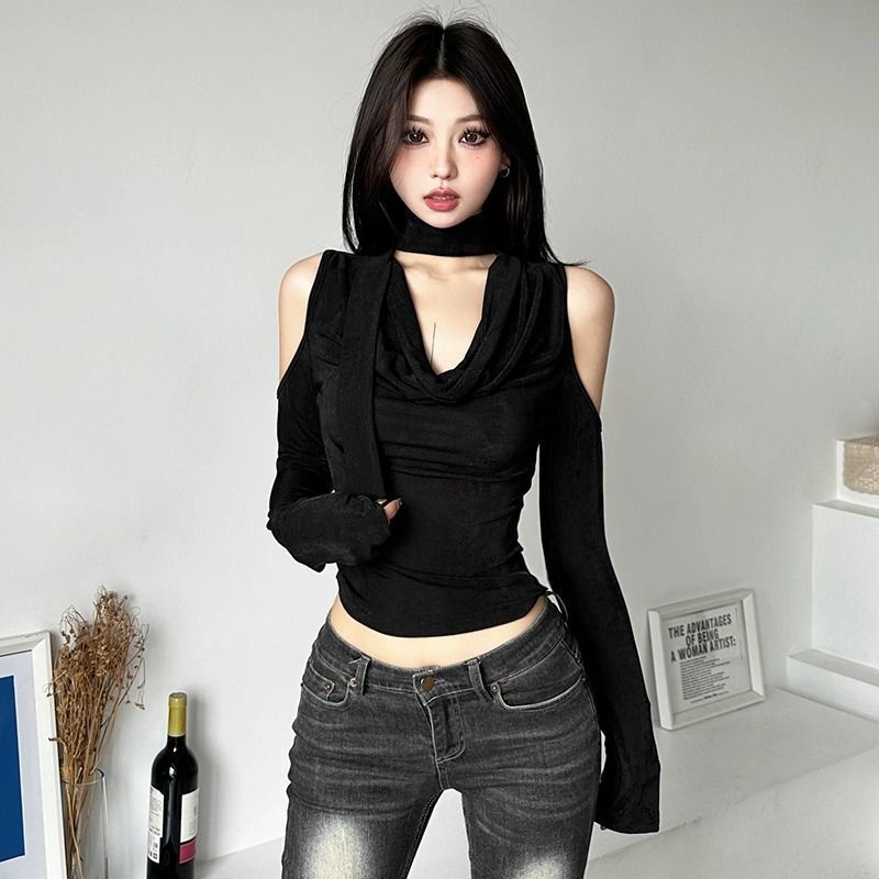 Clearance Sale: Foreign Trade Sexy Off-Shoulder V-Neck Hollow Slim-Fit Versatile Long-Sleeve T-Shirt, Black Slimming Top for Autumn Clearance Sale: Foreign Trade Sexy Off-Shoulder V-Neck Hollow Slim-Fit Versatile Long-Sleeve T-Shirt, Black Slimming Top for Autumn