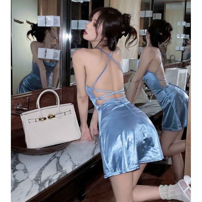 Cross-Border Wholesale Satin Halter Neck Suspender Dress for Women, Pure and Elegant, Socialite Style, Sexy Backless Short Skirt