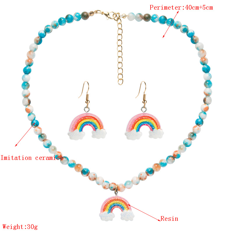 Perles Bleues Imitation Jade Boucles D&#39;oreilles Collier Bohème Ensemble Bijoux Arc-en-ciel display picture 1