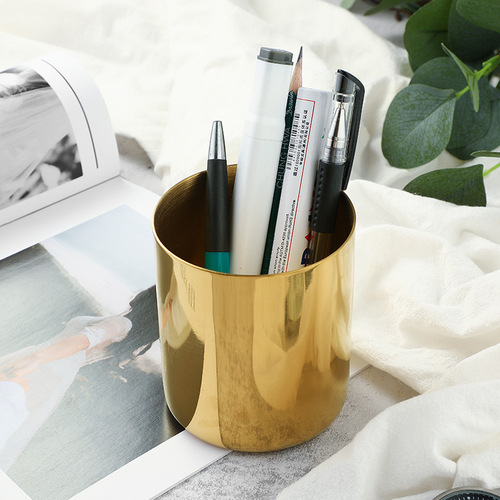 Light luxury stainless steel metal pen holder desktop office creative storage tube ins home study stationery storage tube