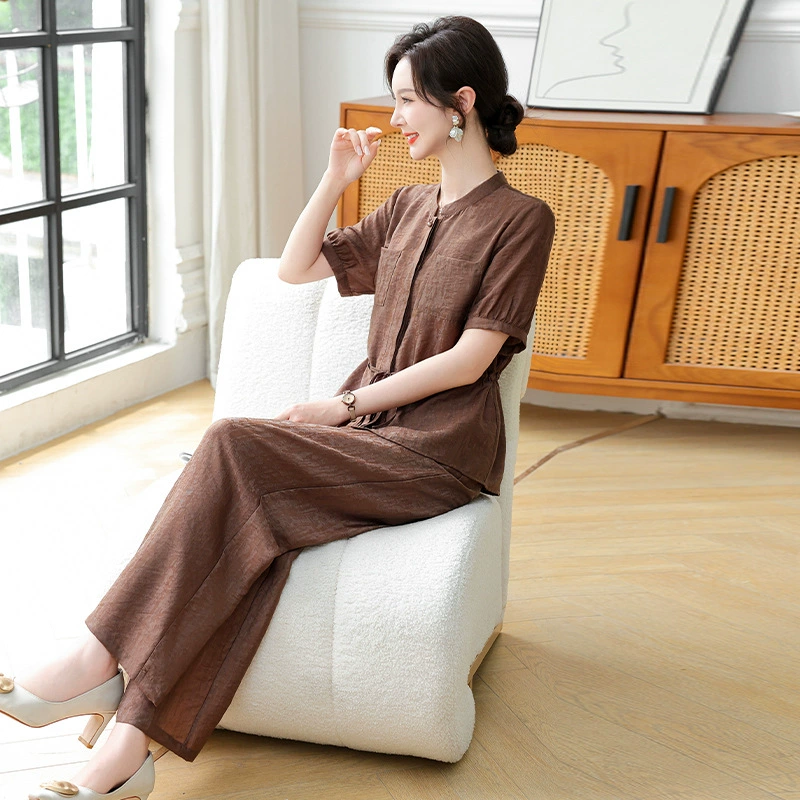 25 летняя новая мама набор Tian Lisel топ рубашка с короткими рукавами мода тонкая широкая нога брюки женский набор из двух частей